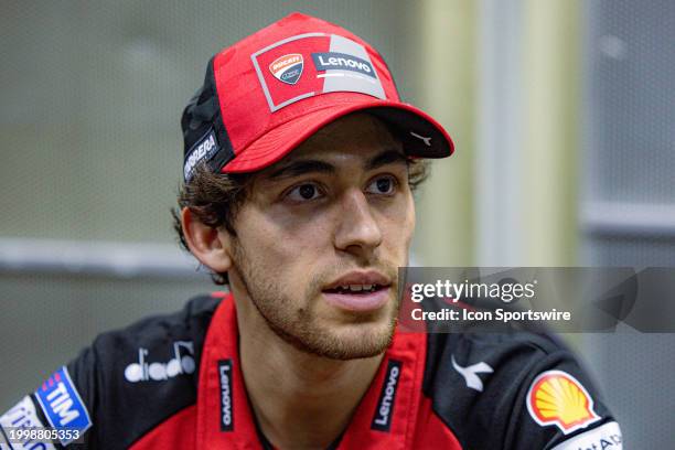 Enea Bastianini of Ducati Lenovo Team during media scrum after the completion of day one of MotoGP Sepang Test held at Petronas Sepang International...