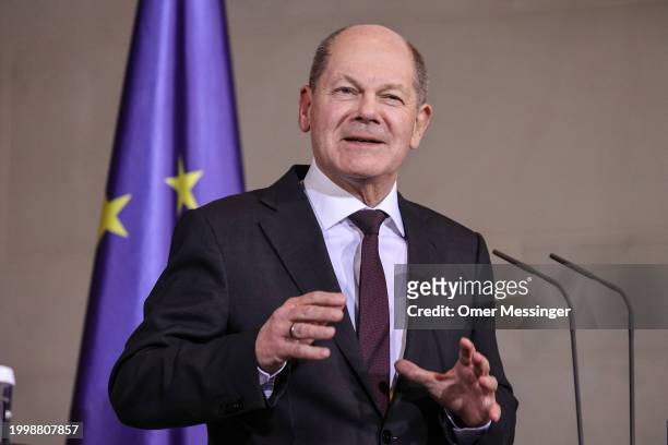 German Chancellor Olaf Scholz during a joint press conference with Polish Prime Minister Donald Tusk at the Chancellery on February 12, 2024 in...