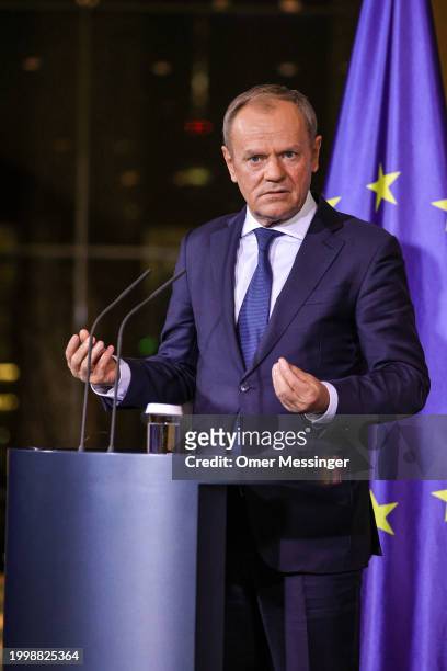 Polish Prime Minister Donald Tusk during a joint press conference with German Chancellor Olaf Scholz and at the Chancellery on February 12, 2024 in...