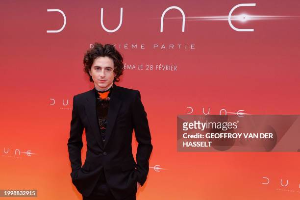 French actor Timothee Chalamet poses for a photocall during the preview screening event for the film "Dune: Part Two" at the Le Grand Rex Paris...