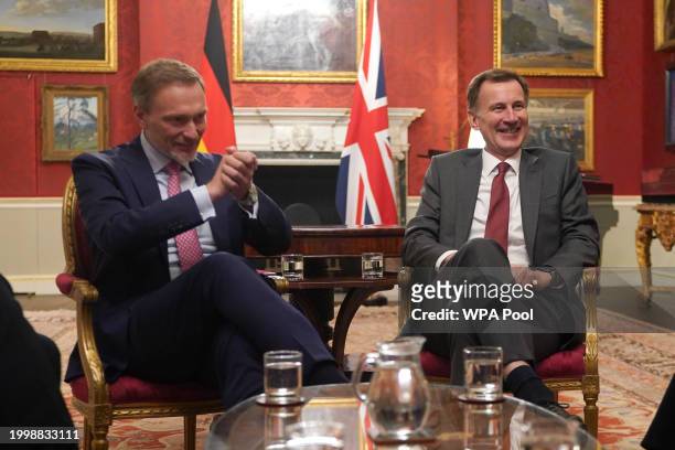 Chancellor of the Exchequer Jeremy Hunt , is seen meeting his German counterpart, Finance Minister Christian Lindner for a bilateral meeting at 11...