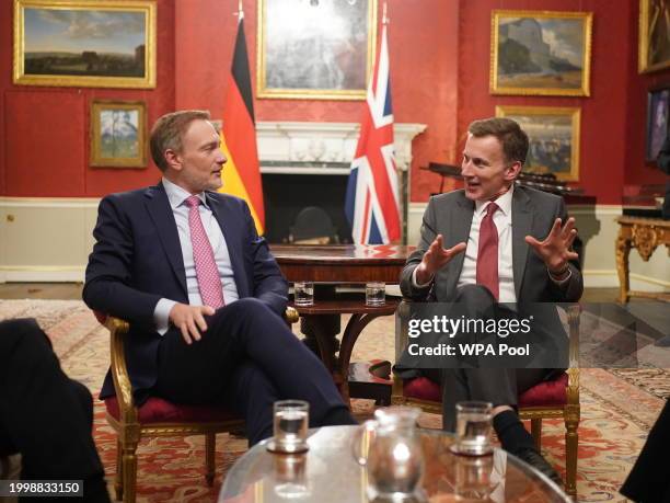 Chancellor of the Exchequer Jeremy Hunt , is seen meeting his German counterpart, Finance Minister Christian Lindner for a bilateral meeting at 11...