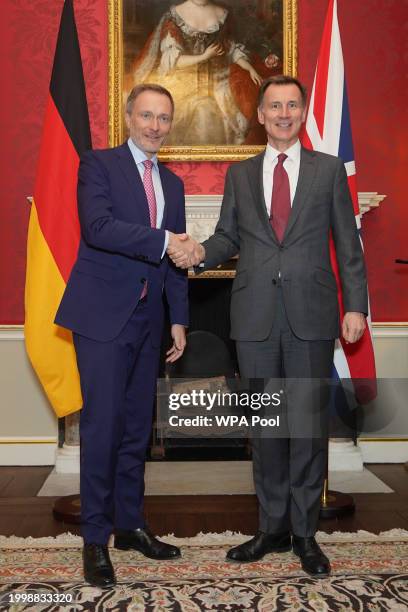 Chancellor of the Exchequer Jeremy Hunt , is seen meeting his German counterpart, Finance Minister Christian Lindner for a bilateral meeting at 11...