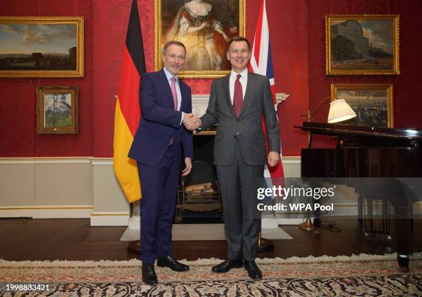 Chancellor of the Exchequer Jeremy Hunt , is seen meeting his German counterpart, Finance Minister Christian Lindner for a bilateral meeting at 11...