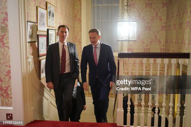 Chancellor of the Exchequer Jeremy Hunt is seen meeting his German counterpart, Finance Minister Christian Lindner for a bilateral meeting at 11...