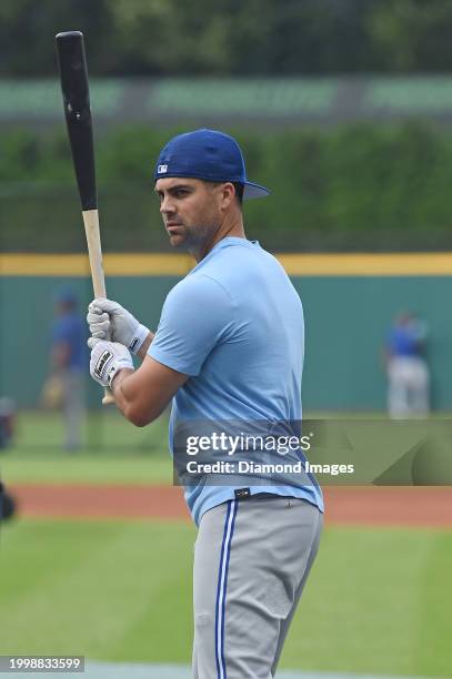 Whit Merrifield of the Toronto Blue Jays takes batting practice prior to a game against the Cleveland Guardians at Progressive Field on August 9,...