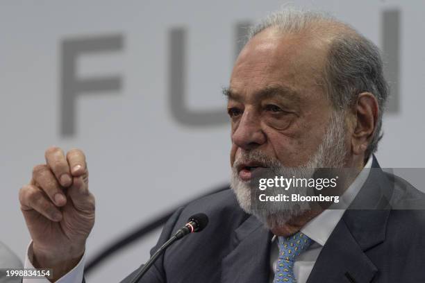 Carlos Slim, chairman emeritus of America Movil SAB, speaks during a press conference in Mexico City, Mexico, on Monday, Feb. 12, 2024. Last week,...