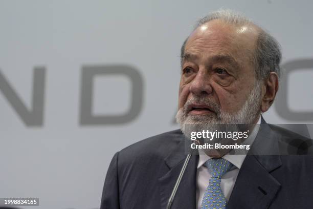 Carlos Slim, chairman emeritus of America Movil SAB, speaks during a press conference in Mexico City, Mexico, on Monday, Feb. 12, 2024. Last week,...