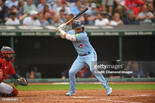 Whit Merrifield of the Toronto Blue Jays bats during the third inning against the Cleveland Guardians at Progressive Field on August 9, 2023 in...
