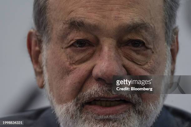 Carlos Slim, chairman emeritus of America Movil SAB, speaks during a press conference in Mexico City, Mexico, on Monday, Feb. 12, 2024. Last week,...