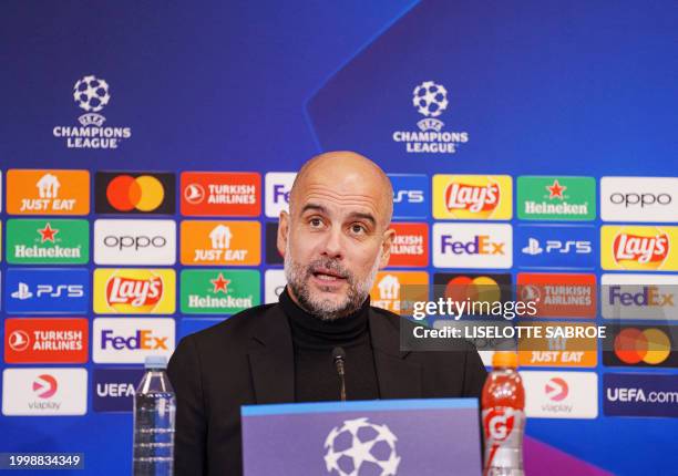 Manchester City's Spanish manager Pep Guardiola addresses a press conference on February 12 the eve of the UEFA Champions League round of 16...