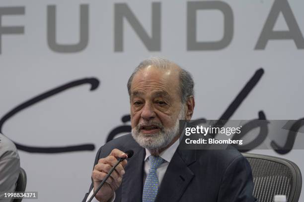 Carlos Slim, chairman emeritus of America Movil SAB, speaks during a press conference in Mexico City, Mexico, on Monday, Feb. 12, 2024. Last week,...