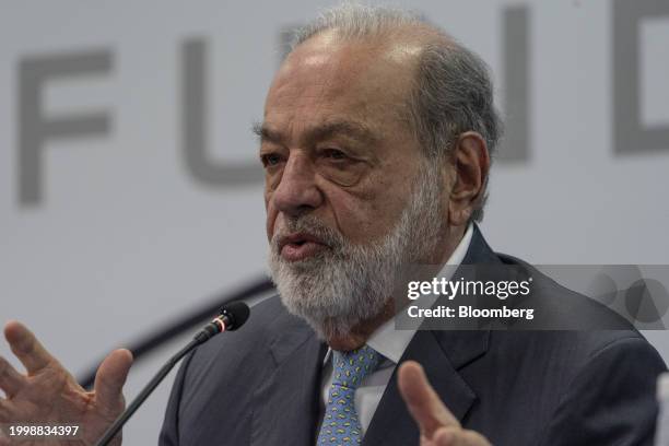 Carlos Slim, chairman emeritus of America Movil SAB, speaks during a press conference in Mexico City, Mexico, on Monday, Feb. 12, 2024. Last week,...