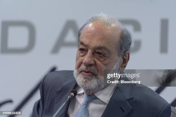 Carlos Slim, chairman emeritus of America Movil SAB, speaks during a press conference in Mexico City, Mexico, on Monday, Feb. 12, 2024. Last week,...