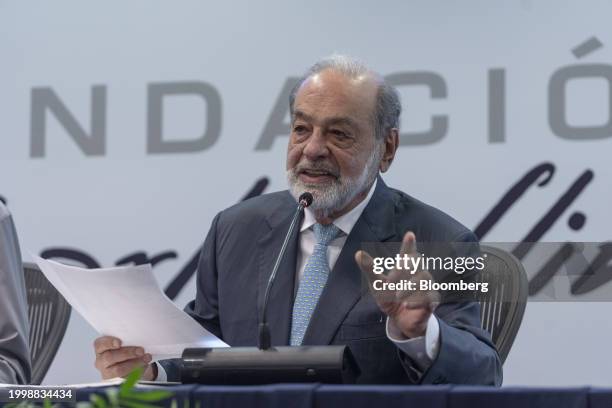 Carlos Slim, chairman emeritus of America Movil SAB, speaks during a press conference in Mexico City, Mexico, on Monday, Feb. 12, 2024. Last week,...