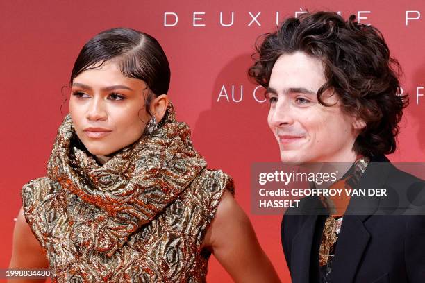 Actress Zendaya and US-French actor Timothee Chalamet pose for a photocall during the preview screening event for the film "Dune: Part Two" at the Le...