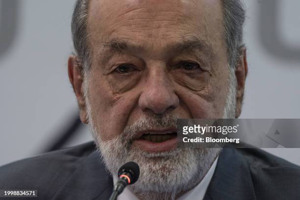 Carlos Slim, chairman emeritus of America Movil SAB, speaks during a press conference in Mexico City, Mexico, on Monday, Feb. 12, 2024. Last week,...