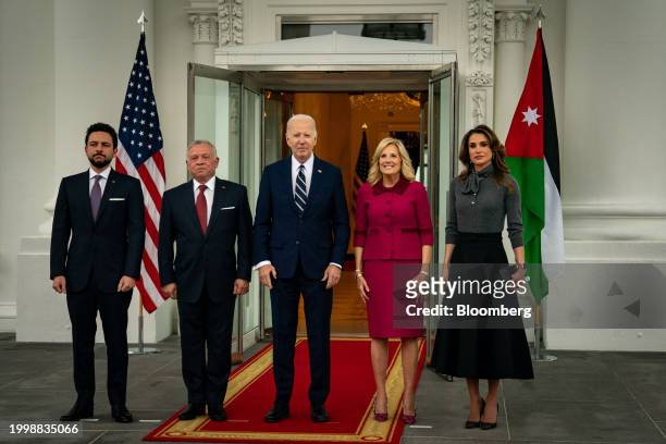 Hussein bin Abdullah, Crown Prince of Jordan, from left, King Abdullah II of Jordan, US President Joe Biden, First Lady Jill Biden, and Rania...