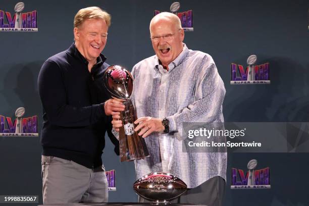 Commissioner Roger Goodell hands the Vince Lombardi Trophy to head coach for the Kansas City Chiefs Andy Reid during the Super Bowl LVIII Chiefs...