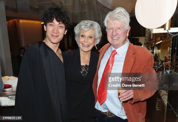 Carlos Gu, Angela Rippon and Stanley Johnson attend a drinks reception hosted by Angela Rippon to celebrate her time on Strictly Come Dancing and the...