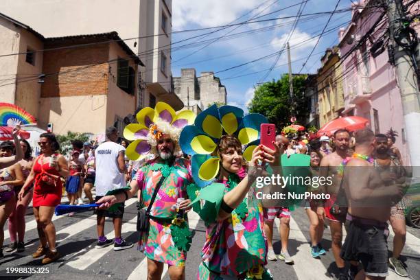 The Block Party ''Esfarrapados'' is parading through the streets of Bexiga in Sao Paulo, Brazil, on February 12, 2024.