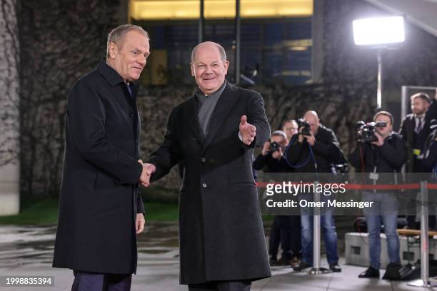 German Chancellor Olaf Scholz welcomes Polish Prime Minister Donald Tusk for talks at the Chancellery on February 12, 2024 in Berlin, Germany. This...