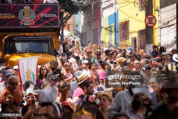 The Block Party ''Esfarrapados'' is parading through the streets of Bexiga in Sao Paulo, Brazil, on February 12, 2024.