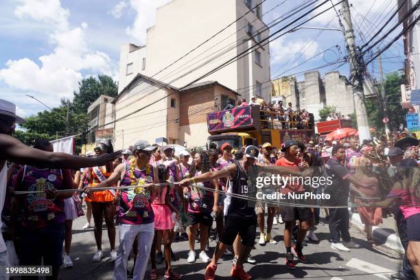 The Block Party ''Esfarrapados'' is parading through the streets of Bexiga in Sao Paulo, Brazil, on February 12, 2024.