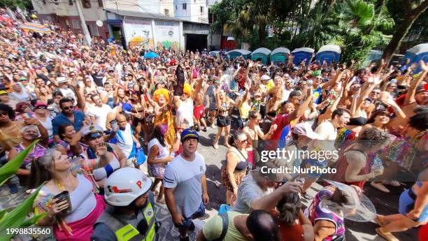 The Block Party ''Esfarrapados'' is parading through the streets of Bexiga in Sao Paulo, Brazil, on February 12, 2024.