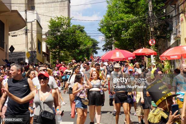 The Block Party ''Esfarrapados'' is parading through the streets of Bexiga in Sao Paulo, Brazil, on February 12, 2024.