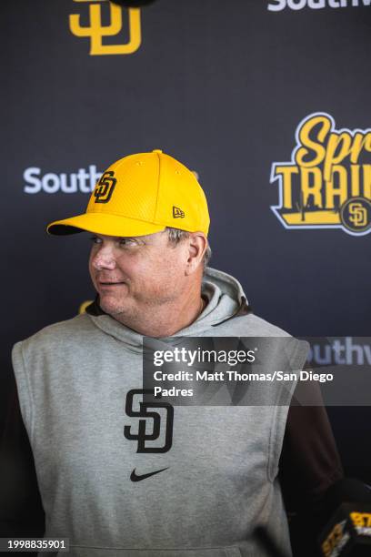 Manager Mike Shildt San Diego Padres speaks with the media before the day's workout at Peoria Sports Complex on February 12, 2024 in Peoria, Arizona.