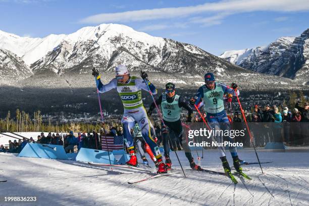 Edvin Anger of Sweden, Michael Hellweger of Italy and Joni Maki of Finland during Quarterfinal 3 during the Men's 1.3km Sprint race at the COOP FIS...