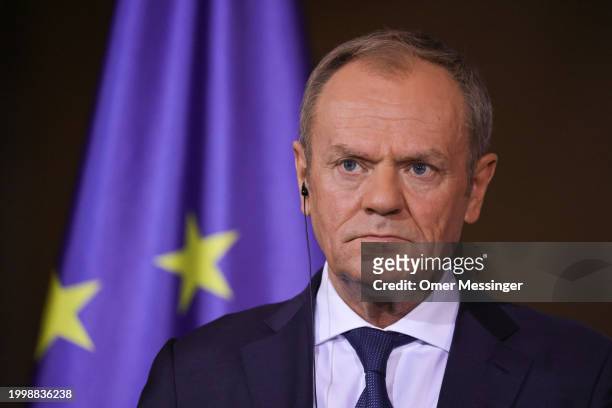 Polish Prime Minister Donald Tusk during a joint press conference with German Chancellor Olaf Scholz at the Chancellery on February 12, 2024 in...