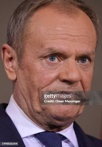 Polish Prime Minister Donald Tusk during a joint press conference with German Chancellor Olaf Scholz at the Chancellery on February 12, 2024 in...