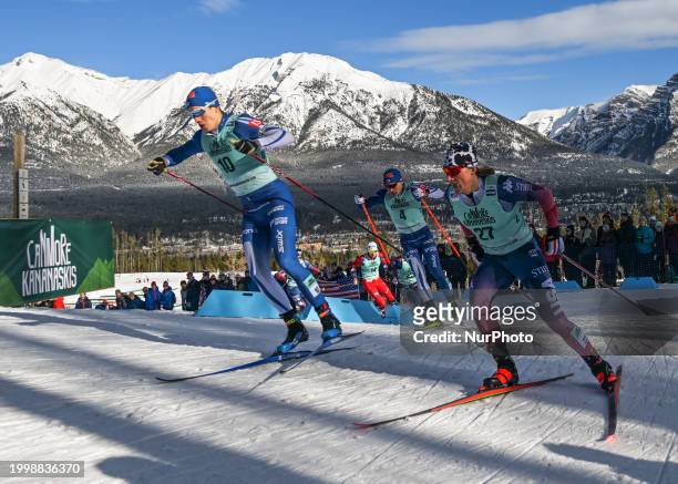 Niilo Molanen of Finland and Gus Schumacher of USA, during Quarterfinal 4 during the Men's 1.3km Sprint race at the COOP FIS Cross Country World Cup,...
