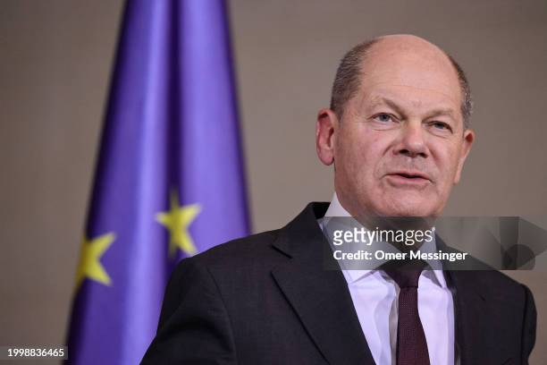 German Chancellor Olaf Scholz during a joint press conference with Polish Prime Minister Donald Tusk at the Chancellery on February 12, 2024 in...