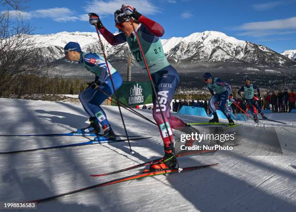 Niilo Molanen of Finland and Gus Schumacher of USA, during Quarterfinal 4 during the Men's 1.3km Sprint race at the COOP FIS Cross Country World Cup,...