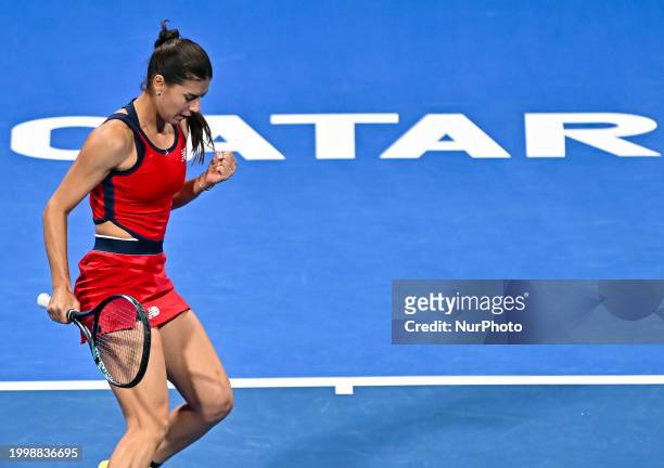 Sorana Cirstea of Romania is reacting during her second-round match against Iga Swiatek of Poland at the WTA 1000-Qatar TotalEnergies Open tennis...