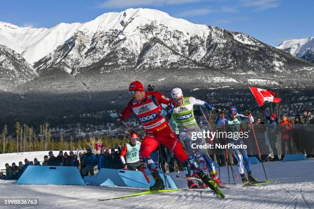 10Erik Valnes of Norway leads Quarterfinal 3 during the Men's 1.3km Sprint race at the COOP FIS Cross Country World Cup, on February 10 in Canmore,...