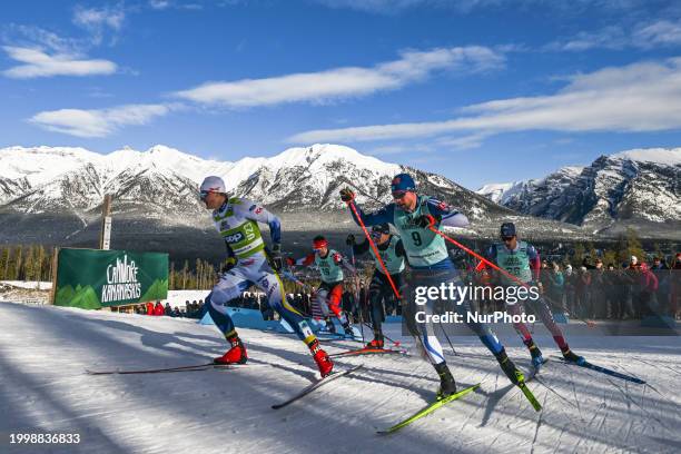 Edvin Anger of Sweden and Joni Maki of Finland, during Quarterfinal 3 during the Men's 1.3km Sprint race at the COOP FIS Cross Country World Cup, on...