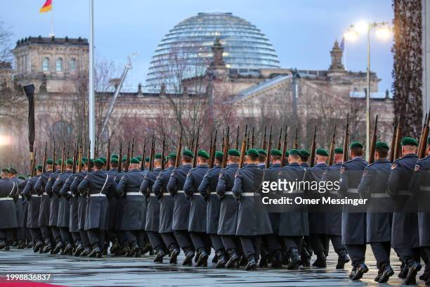 Bundeswehr soldiers of the Wachbataillon rehearse prior to a meeting between German Chancellor Olaf Scholz and Polish Prime Minister Donald Tusk at...