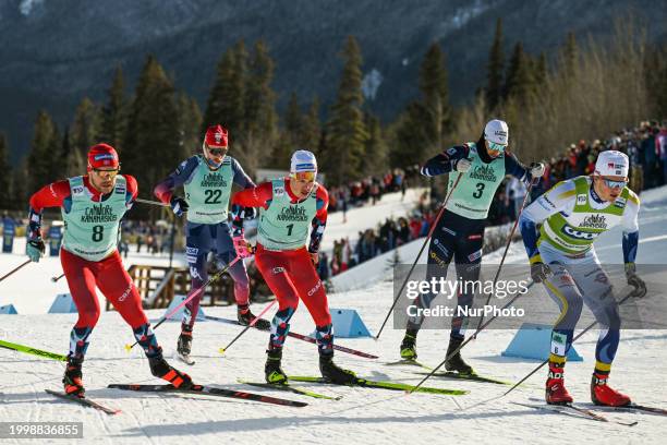 Haavard Solaas Taugboel of Norway, Ben Ogden of USA, Johannes Hoesflot Klaebo of Norway, Jules Chappaz of France and Edvin Anger of Sweden, during...