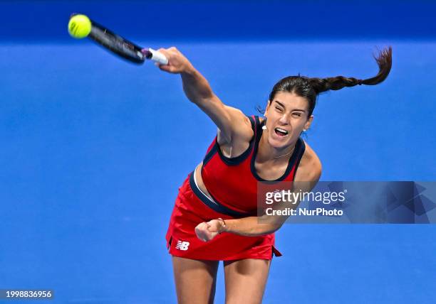Sorana Cirstea of Romania is playing in her second-round match against Iga Swiatek of Poland at the WTA 1000-Qatar TotalEnergies Open tennis...