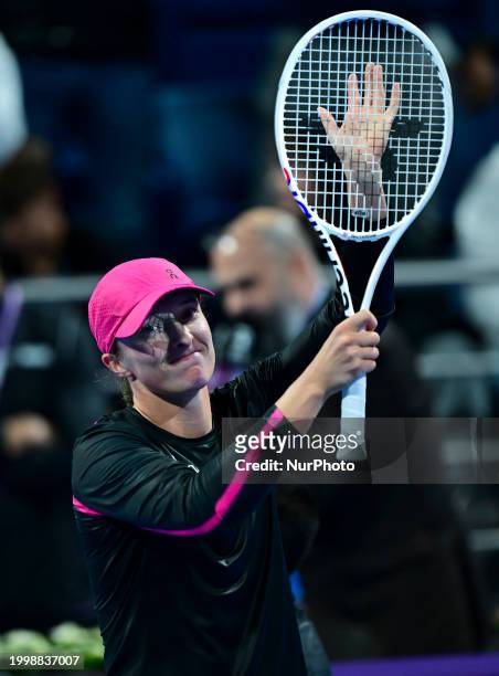 Iga Swiatek of Poland is celebrating after winning her second-round match against Sorana Cirstea of Romania at the WTA 1000-Qatar TotalEnergies Open...