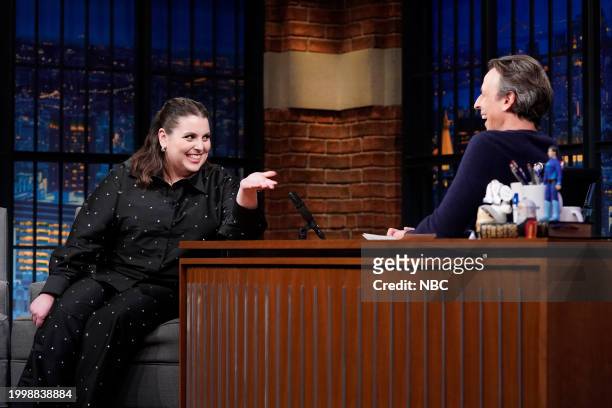 Episode 1484 -- Pictured: Actress Beanie Feldstein during an interview with host Seth Meyers on February 12, 2024 --