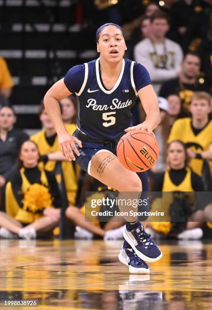 Penn State guard Leilani Kapinus drives to the basket during a women's college basketball game between the Penn State Nittany Lions and the Iowa...