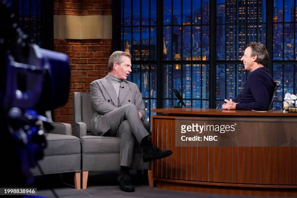Episode 1484 -- Pictured: Actor Ben Mendelsohn during an interview with host Seth Meyers on February 12, 2024 --