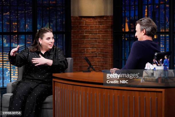Episode 1484 -- Pictured: Actress Beanie Feldstein during an interview with host Seth Meyers on February 12, 2024 --