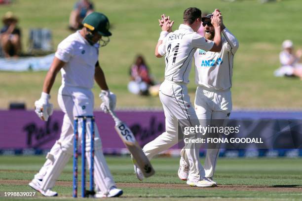 New Zealand's Matt Henry celebrates taking the wicket of South Africa's Clyde Fortuin on day one of the second Test cricket match between New Zealand...