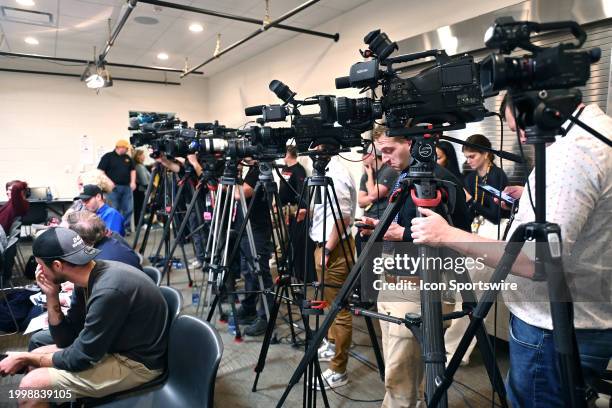 General view of the media crush in the interview room after Iowa won a women's college basketball game between the Penn State Nittany Lions and the...